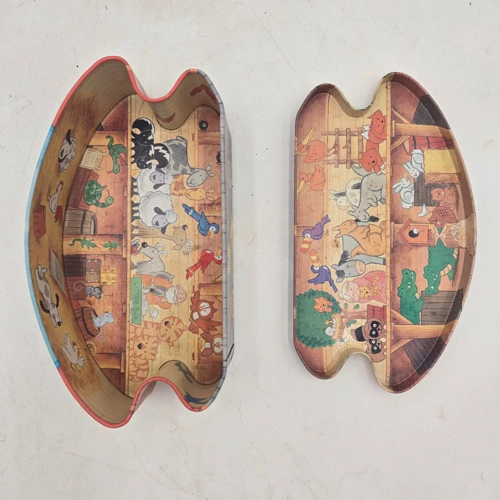 Noah's Ark Rocking Boat Metal Decorative Tin Animal Illustrations Storage Box